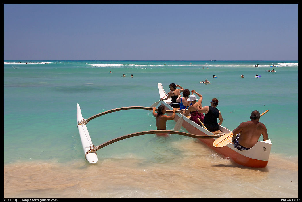 Outrigger canoe lauching from Waikiki Beach. Waikiki, Honolulu, Oahu island, Hawaii, USA