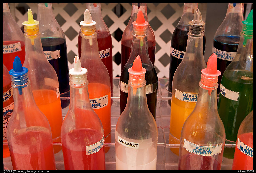 Variety of sirup flavors used in shave ice. Waikiki, Honolulu, Oahu island, Hawaii, USA