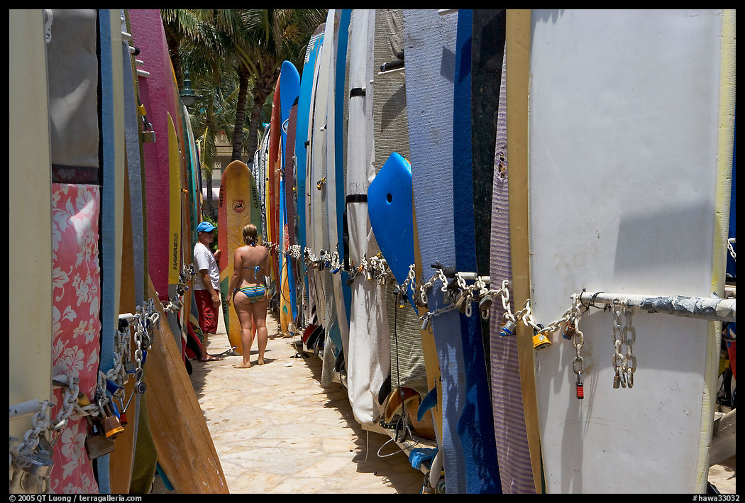 Racks of surfboards. Waikiki, Honolulu, Oahu island, Hawaii, USA