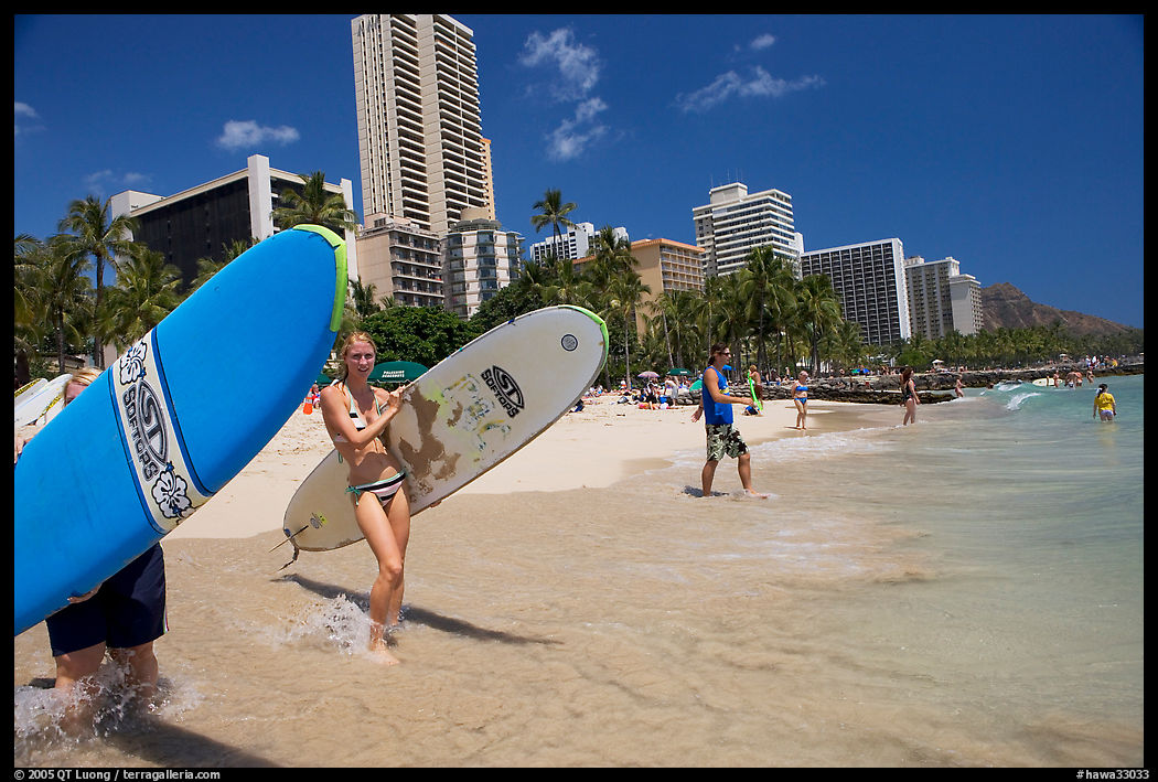 Women carrying surfboards into the water, Waikiki Beach. Waikiki, Honolulu, Oahu island, Hawaii, USA