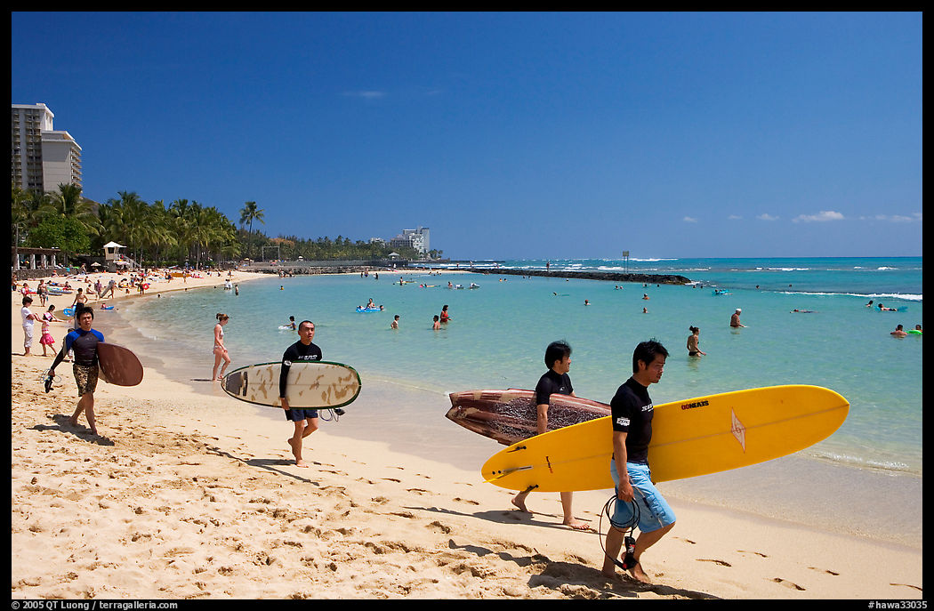 Men walking on Waikiki Beach with surfboards. Waikiki, Honolulu, Oahu island, Hawaii, USA