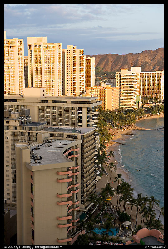 High rise hotels and beach seen from the Sheraton glass elevator, late afternoon. Waikiki, Honolulu, Oahu island, Hawaii, USA