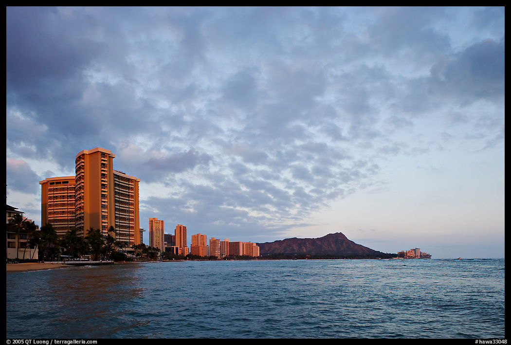 Skyline and Diamond Head, sunset. Waikiki, Honolulu, Oahu island, Hawaii, USA