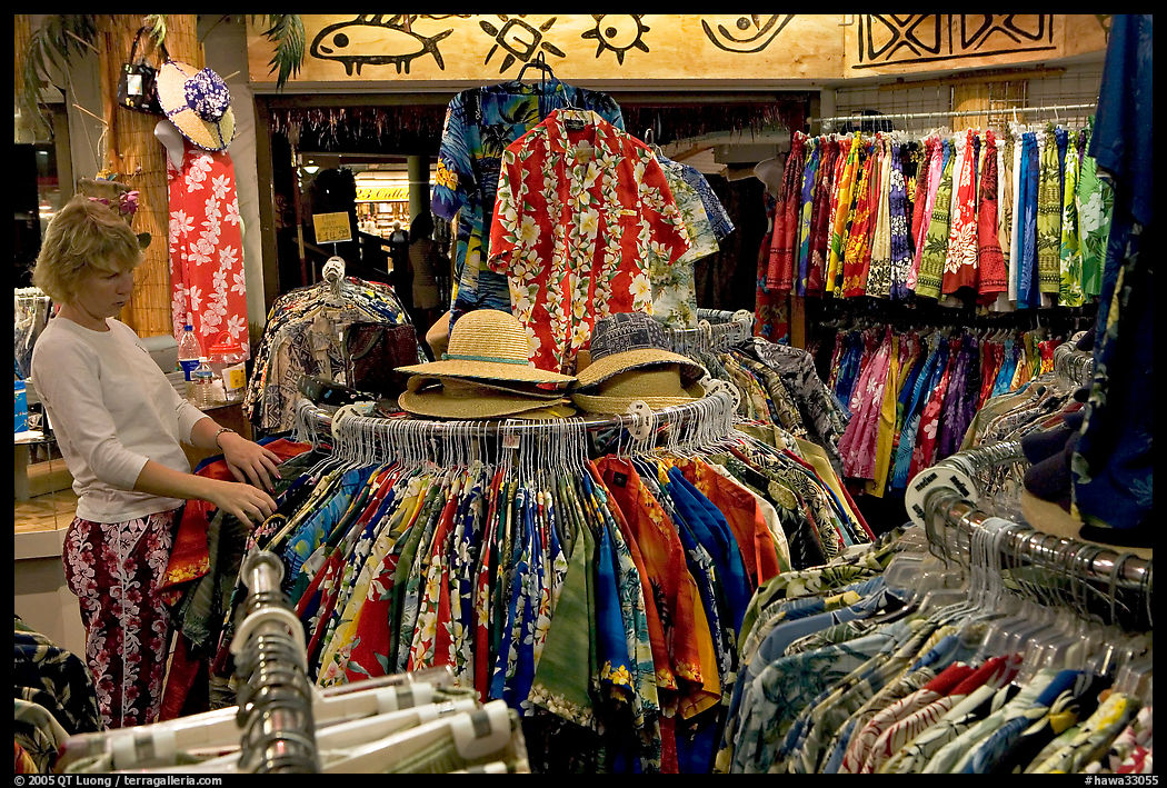 Woman shopping hawaiian dresses. Waikiki, Honolulu, Oahu island, Hawaii, USA