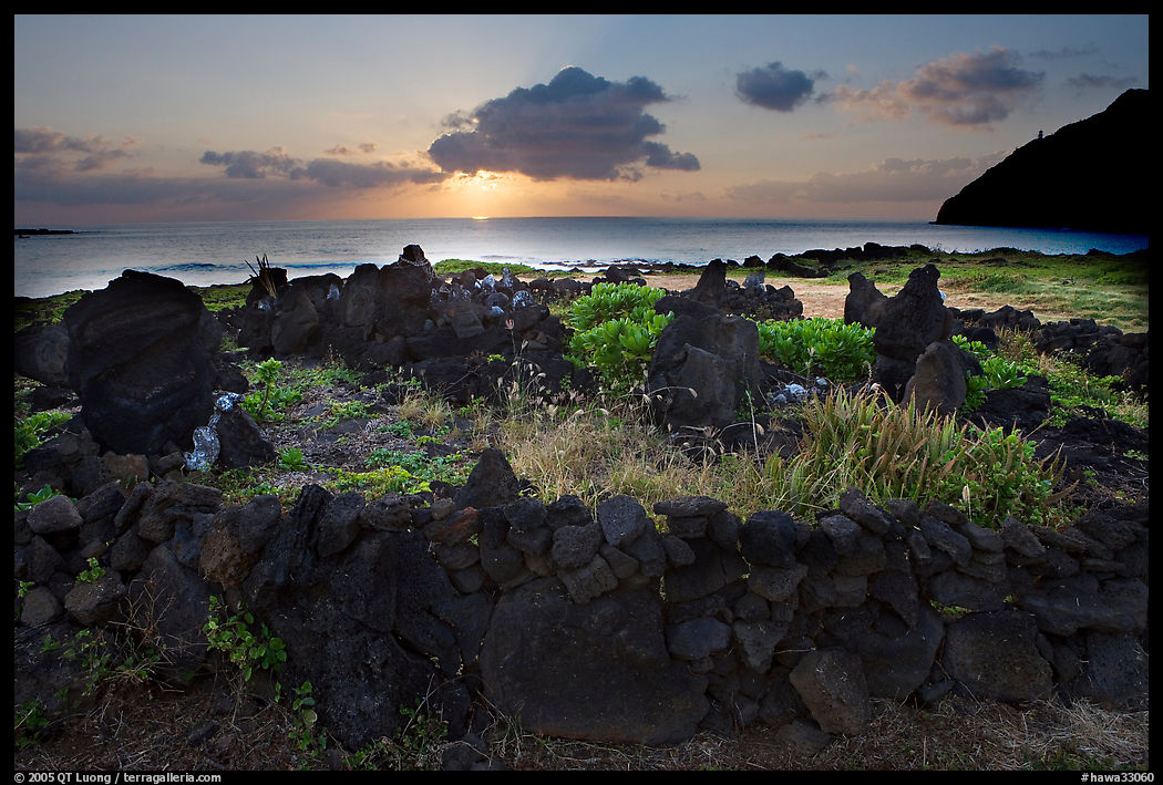 Heiau at sunrise near Makapuu Beach. Oahu island, Hawaii, USA