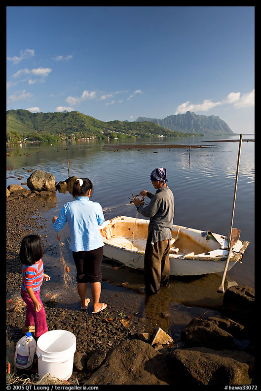 Fisherman and family pulling out net out of small baot, Kaneohe Bay, morning. Oahu island, Hawaii, USA