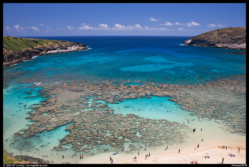 Hanauma Bay with people in water. Oahu island, Hawaii, USA