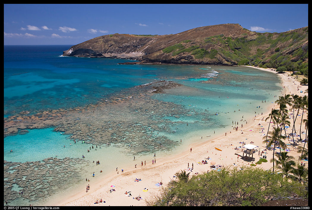 Hanauma Bay and beach with people. Oahu island, Hawaii, USA