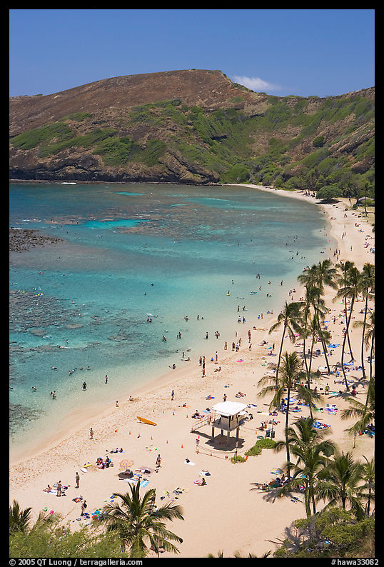 Hanauma Bay beach with people. Oahu island, Hawaii, USA