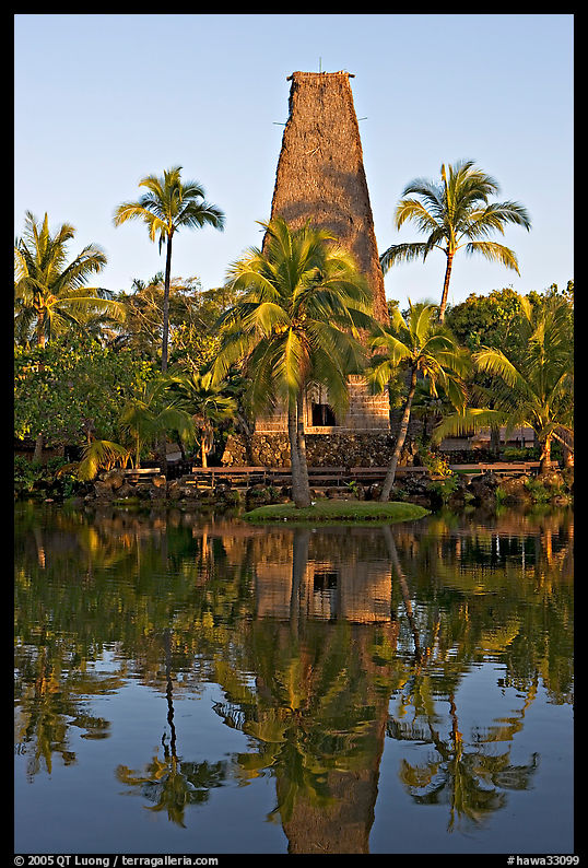Fijian Bure Kalou, sprit house with high-reaching roof. Polynesian Cultural Center, Oahu island, Hawaii, USA