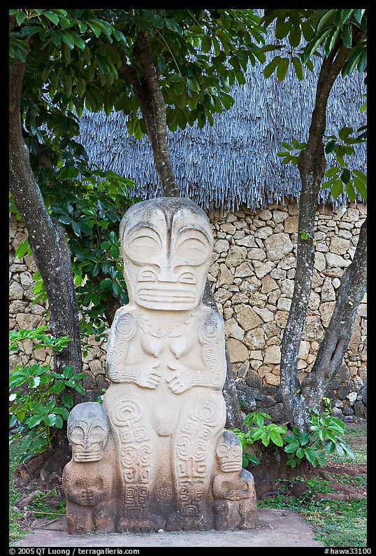 Marquesas statue and walls. Polynesian Cultural Center, Oahu island, Hawaii, USA