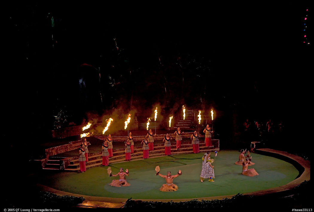 Wedding procession led by torch bearers performed by Tahitian dancers. Polynesian Cultural Center, Oahu island, Hawaii, USA