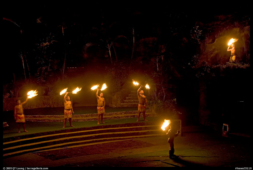 Dance with fire performed by Samoans. Polynesian Cultural Center, Oahu island, Hawaii, USA