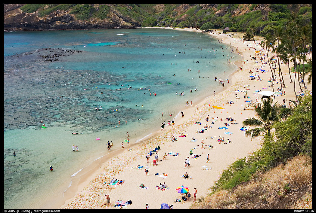 Hanauma Bay beach from above. Oahu island, Hawaii, USA