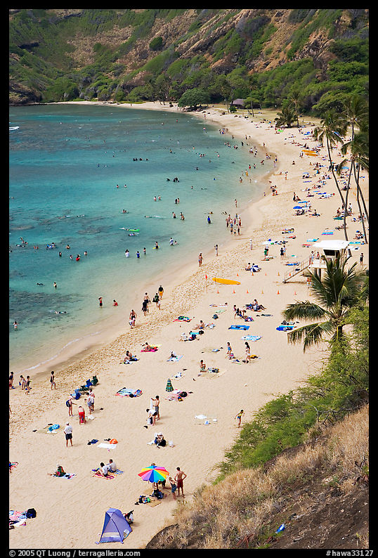 Hanauma Bay beach from above. Oahu island, Hawaii, USA