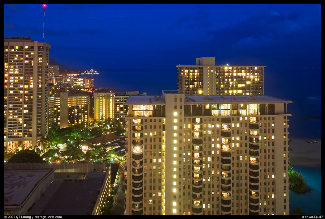 High-rise hotels at dusk. Waikiki, Honolulu, Oahu island, Hawaii, USA