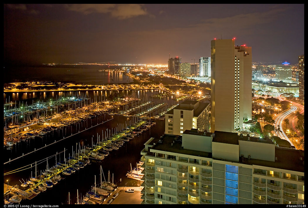 Ala Wai Yatch Harbor and skyline at night. Waikiki, Honolulu, Oahu island, Hawaii, USA