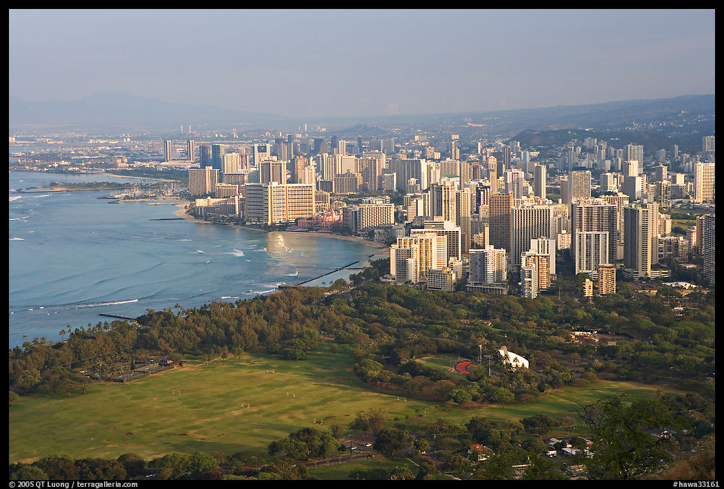 Honolulu seen from the Diamond Head crater, early morning. Waikiki, Honolulu, Oahu island, Hawaii, USA