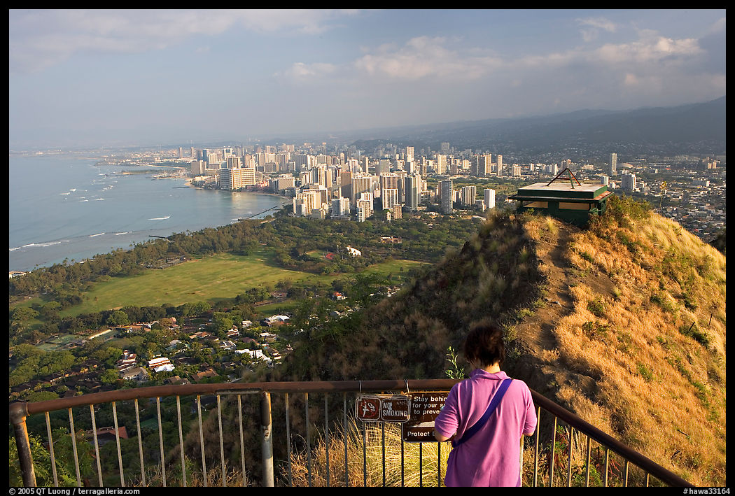 Visitor on Diamond Head crater summit observation platform. Oahu island, Hawaii, USA