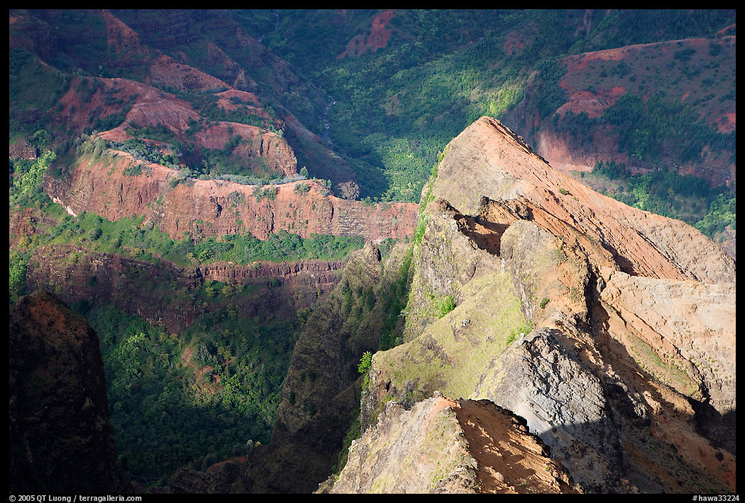 Shadows and light on ridges, Waimea Canyon, afternoon. Kauai island, Hawaii, USA
