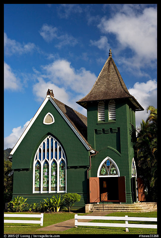 Green church of United Church of Chirst, Hanalei. Kauai island, Hawaii, USA