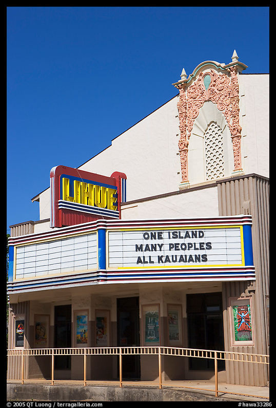 Movie theater with text celebrating Kauai, Lihue. Kauai island, Hawaii, USA
