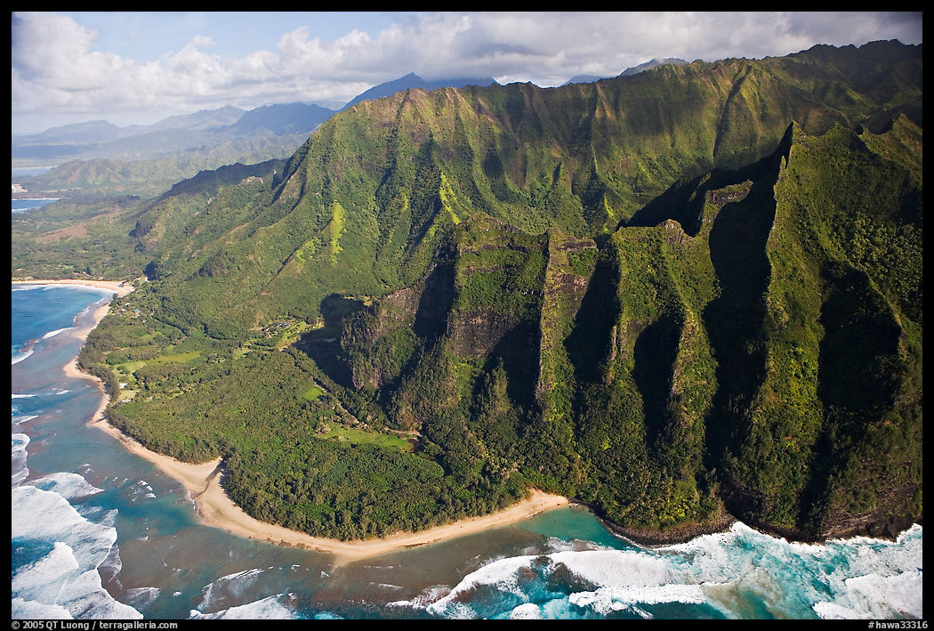 Aerial view of the East end of the Na Pali Coast, with Kee Beach. Kauai island, Hawaii, USA