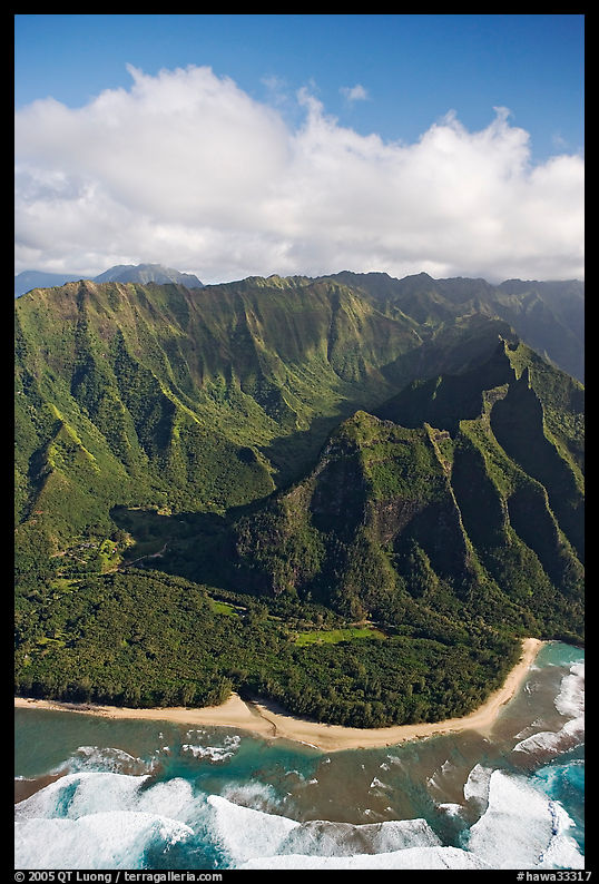 Aerial view of the East end of the Na Pali Coast, with Kee Beach. Kauai island, Hawaii, USA