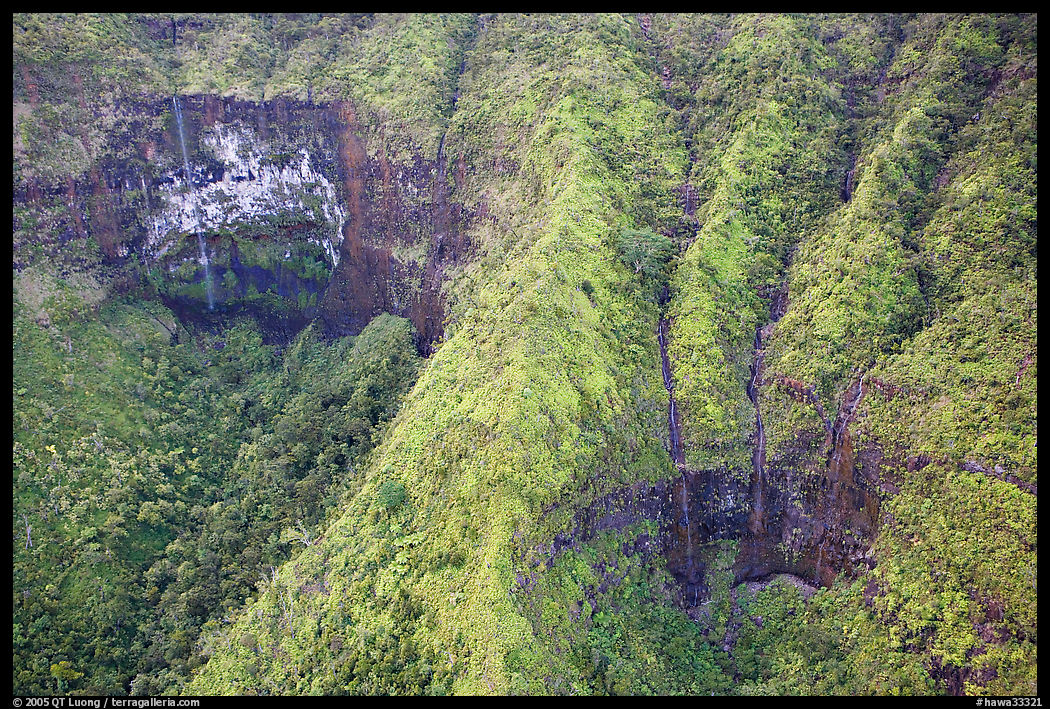 Aerial view of a crater on the slopes of Mt Waialeale. Kauai island, Hawaii, USA