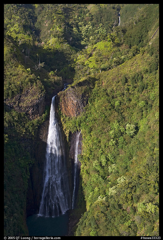 Aerial view of the Manawaiopuna falls (nicknamed Jurassic falls since featured in the movie). Kauai island, Hawaii, USA