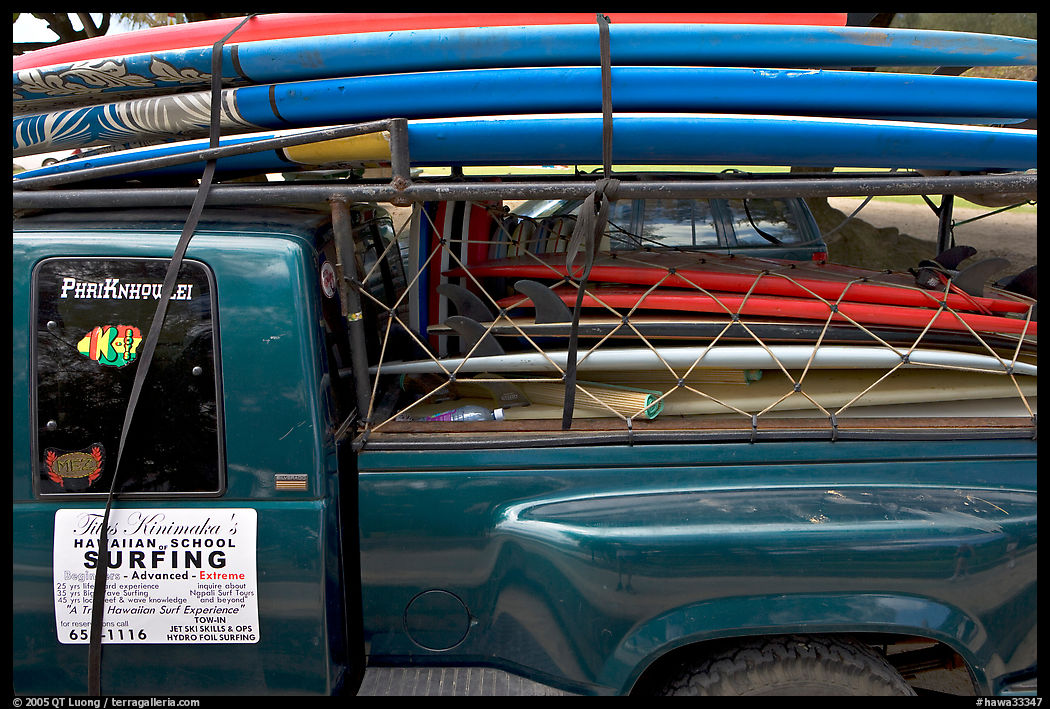 Pick-up truck loaded with surfboards, Hanalei. Kauai island, Hawaii, USA