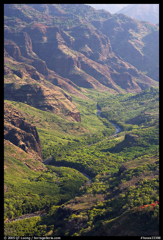Waimea River, lower Waimea Canyon, early morning. Kauai island, Hawaii, USA