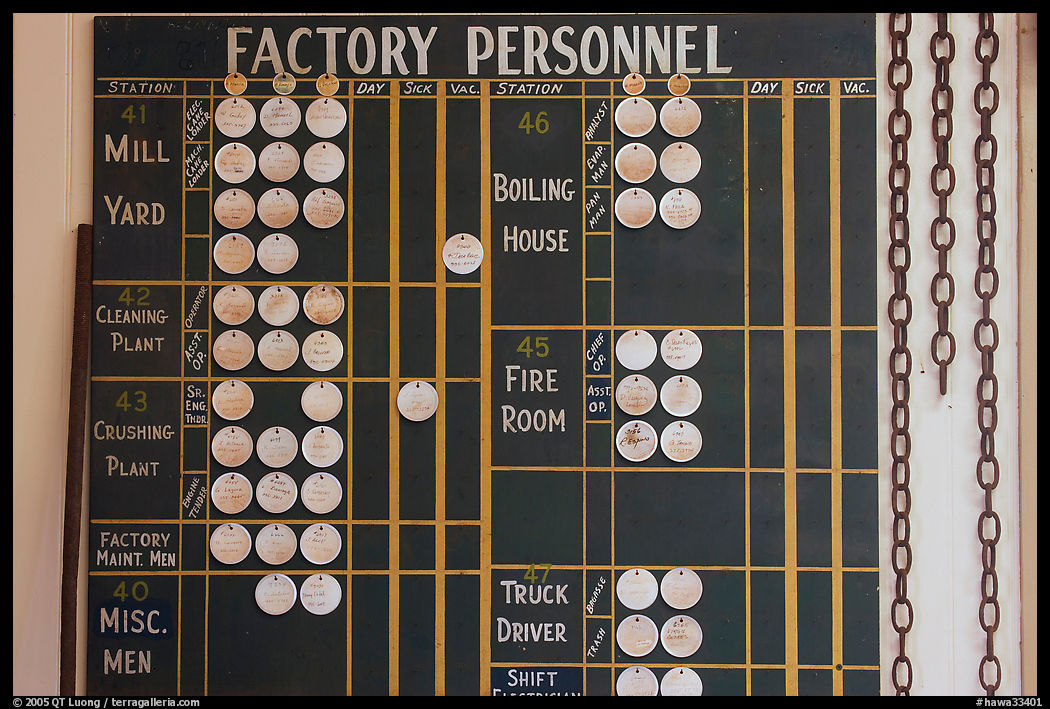 Factory personnel board, sugar cane mill. Kauai island, Hawaii, USA