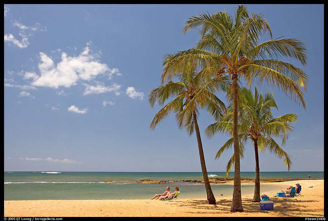 Couple on beach chair, and coconut trees,  Salt Pond Beach, mid-day. Kauai island, Hawaii, USA