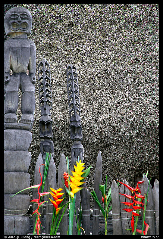 Flowers offered to Polynesian idols, Puuhonua o Honauau (Place of Refuge). Big Island, Hawaii, USA