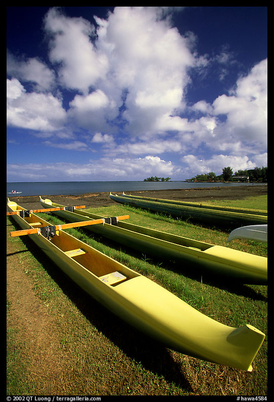 Traditional outtrigger canoes on a beach,  Hilo. Big Island, Hawaii, USA