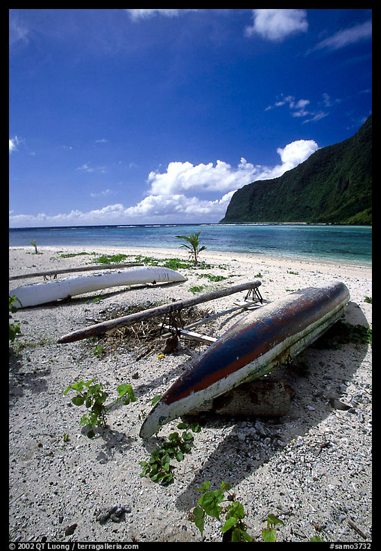 Traditional polynesian canoes near the Asaga Strait, Ofu Island. American Samoa