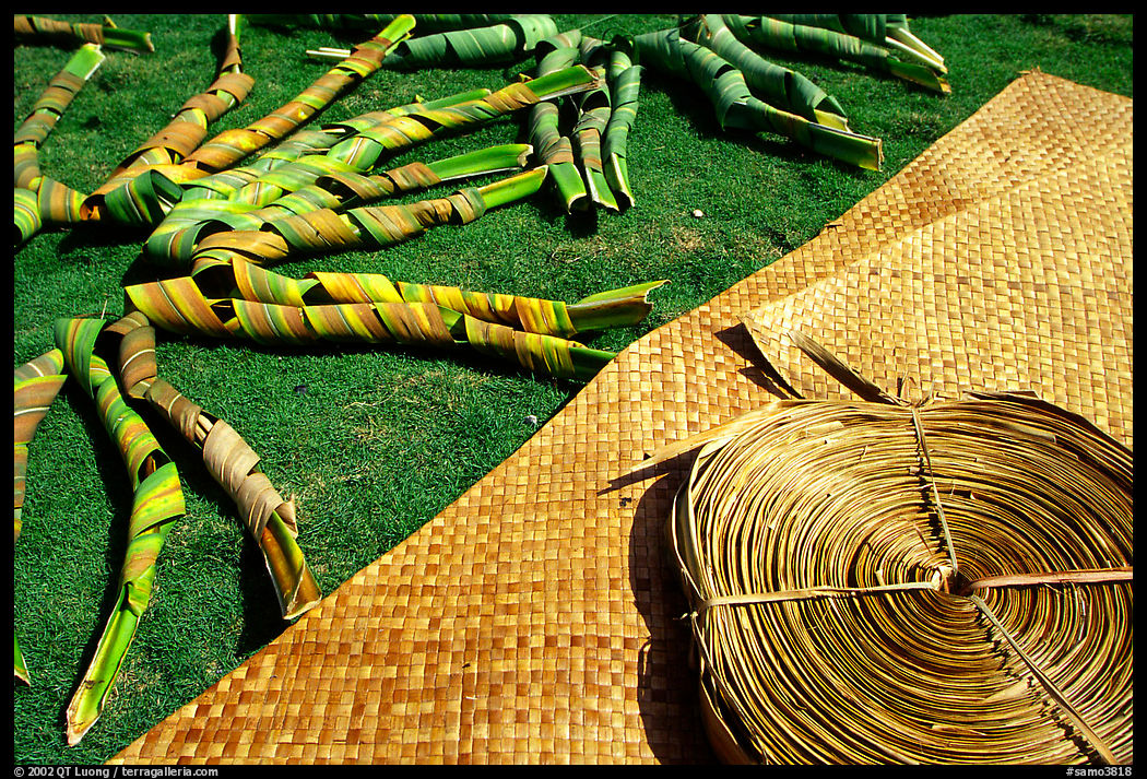 Pandamus leaves and a finished toga (mat) made out of it. American Samoa