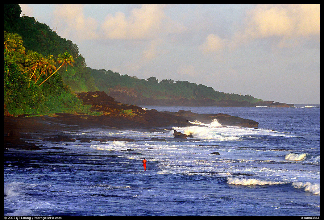Fisherman on rocky coast near Vailoa. Tutuila, American Samoa