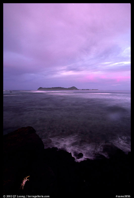 Sunset over Aunuu island with crab on basalt rock. Aunuu Island, American Samoa