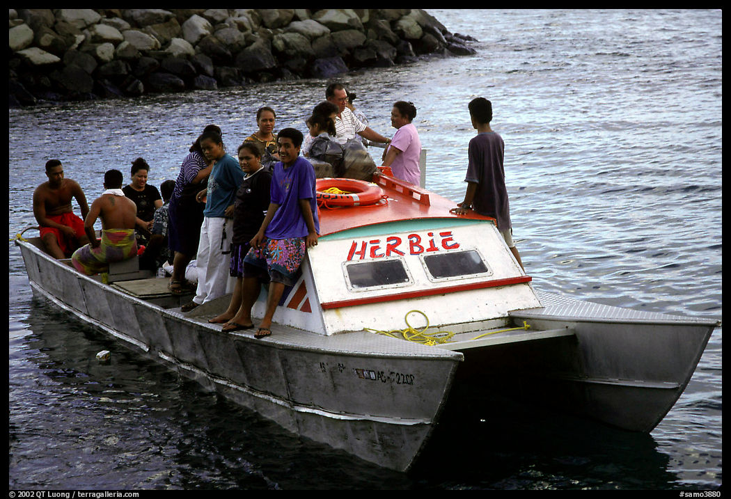 Villagers crowd a ferry to Aunuu. Aunuu Island, American Samoa