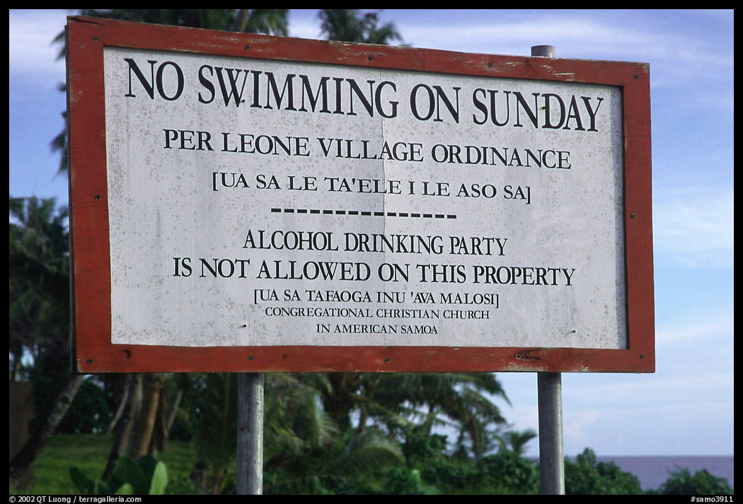 Sign prohibiting activities on Sunday. Tutuila, American Samoa