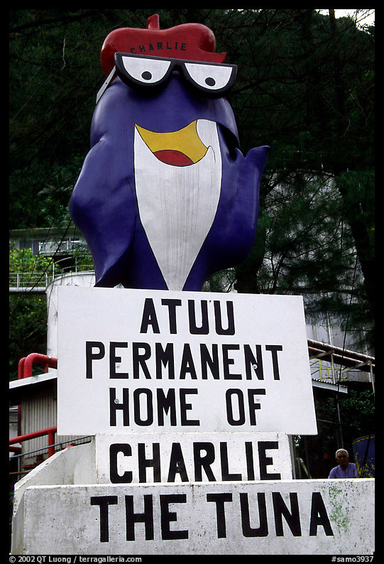Statue of Charlie the Tuna. One third of the islanders work in tuna can factories.. Pago Pago, Tutuila, American Samoa