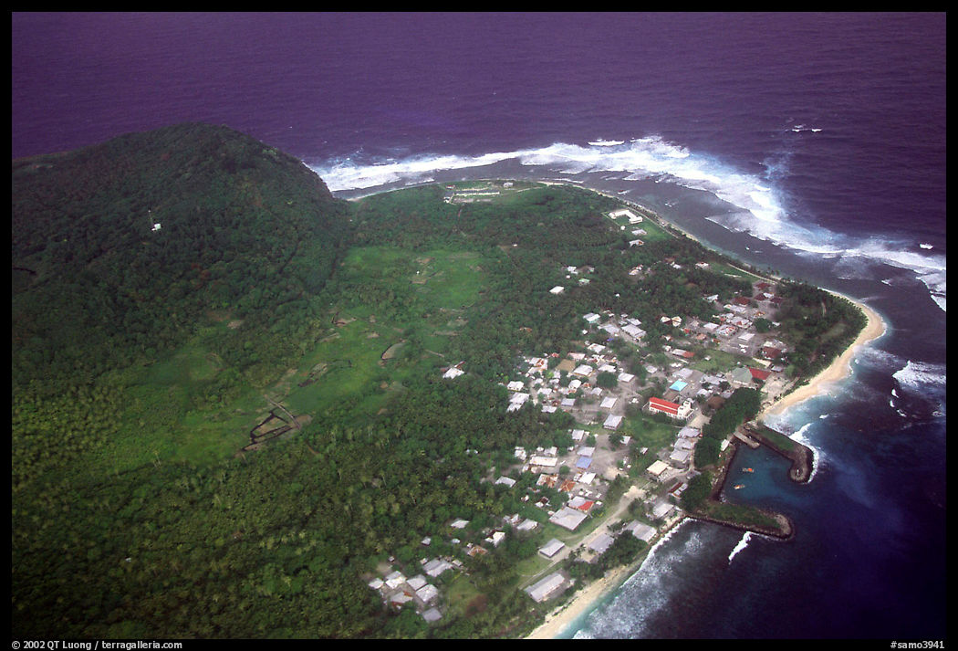 Aerial view of Aanuu village. Aunuu Island, American Samoa