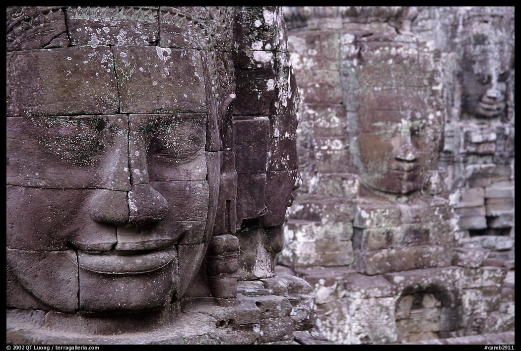Enigmatic stone smiling faces, the Bayon. Angkor, Cambodia