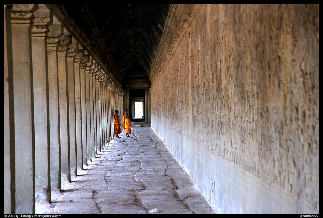 The exterior deambulatory of Angkor Wat, all covered with bas-reliefs. Angkor, Cambodia
