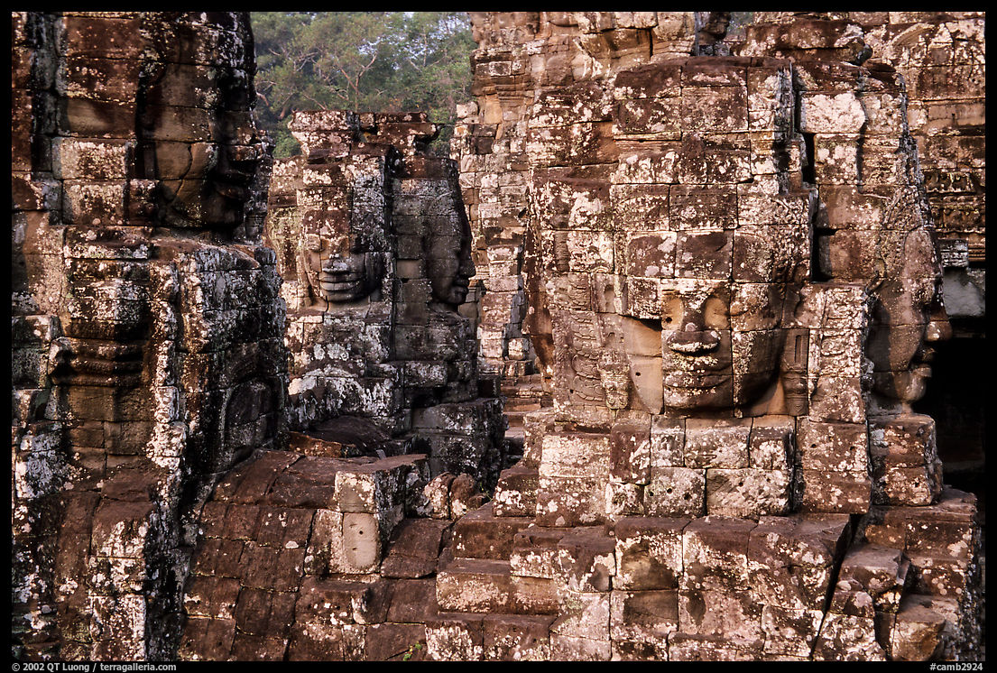 Large stone smiling faces, the Bayon. Angkor, Cambodia