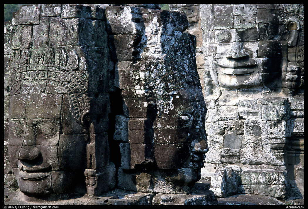 Large stone smiling faces, the Bayon. Angkor, Cambodia