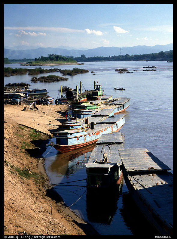 Slow passenger boats in Huay Xai. Mekong river, Laos