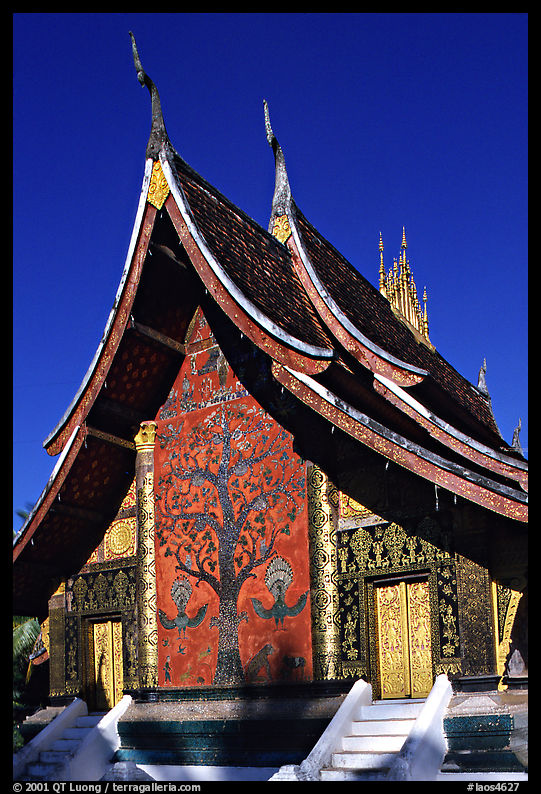 Rear of the Sim of Wat Xieng Thong with mosaic of the tree of life. Luang Prabang, Laos